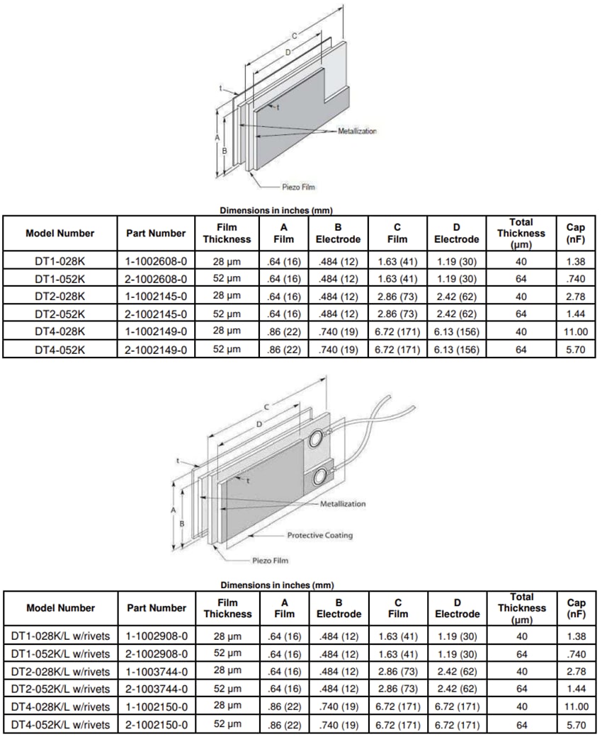 Mechanical Drawing - TE Connectivity / Measurement Specialties DT Series Piezo Film Sensors
